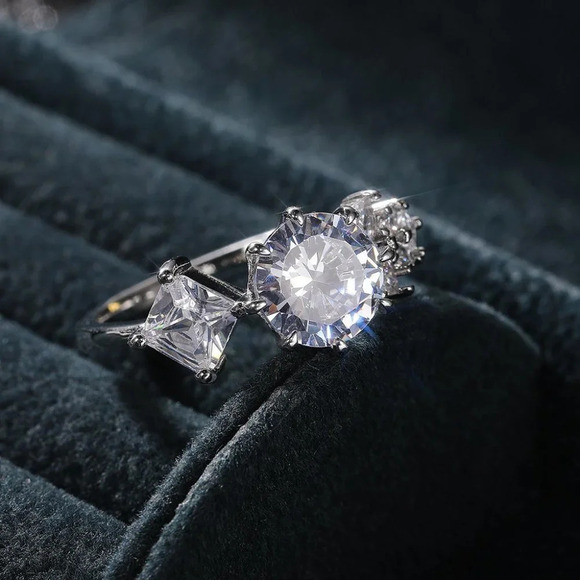 ▶CZ Square Leaf 925 Silver Plated Wedding/Engagement Ring for Women, K940 - Picture 9 of 10